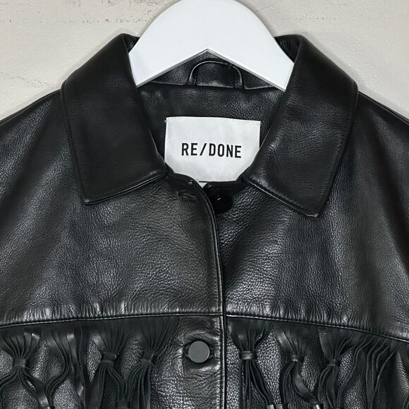 Re/Done Black Leather Fringe Jacket Drop Shoulder Women's Small NWOT - Picture 9 of 16